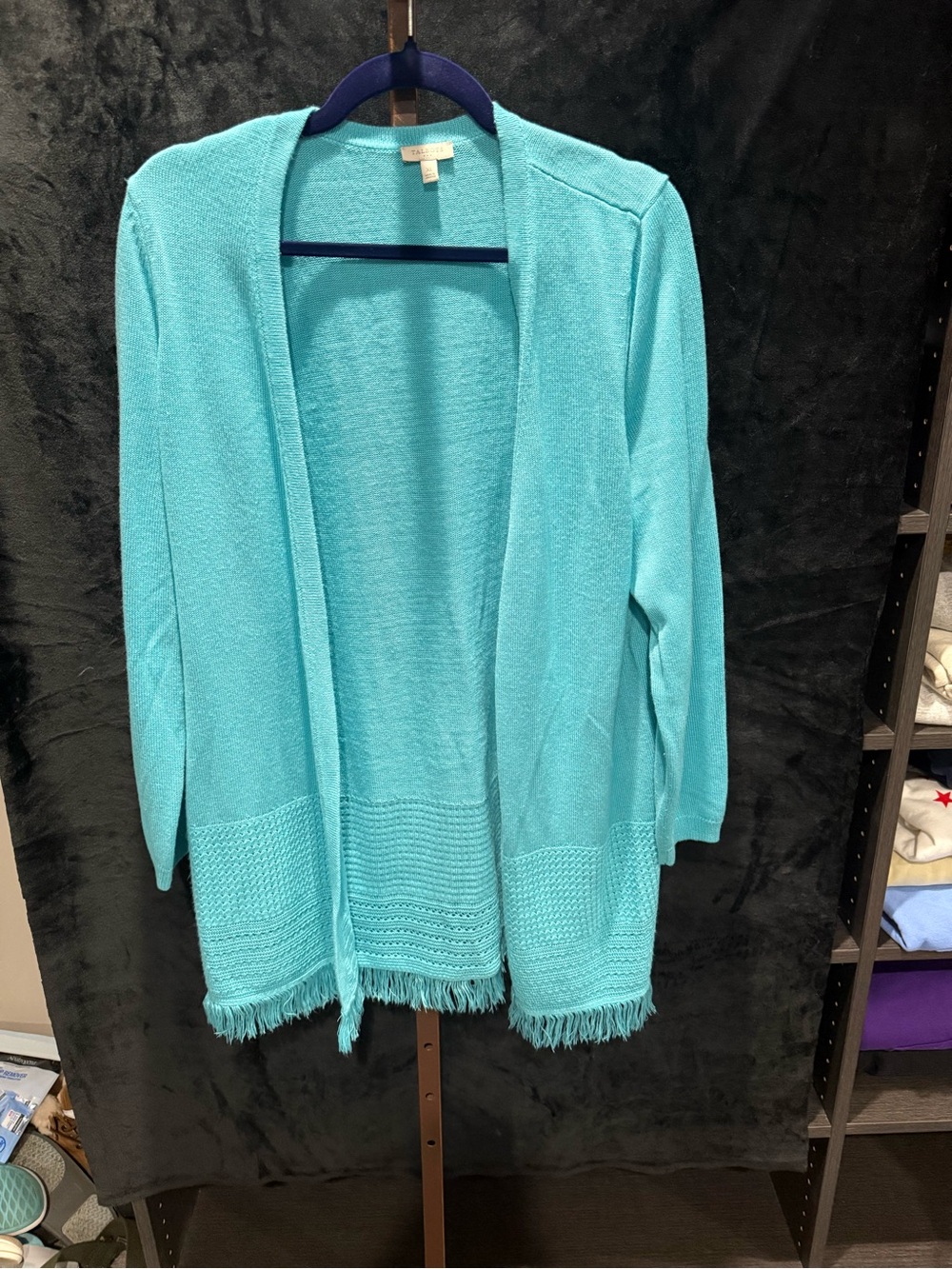 Talbots Aqua Open-Front Knit Cardigan Sweater with Fringe